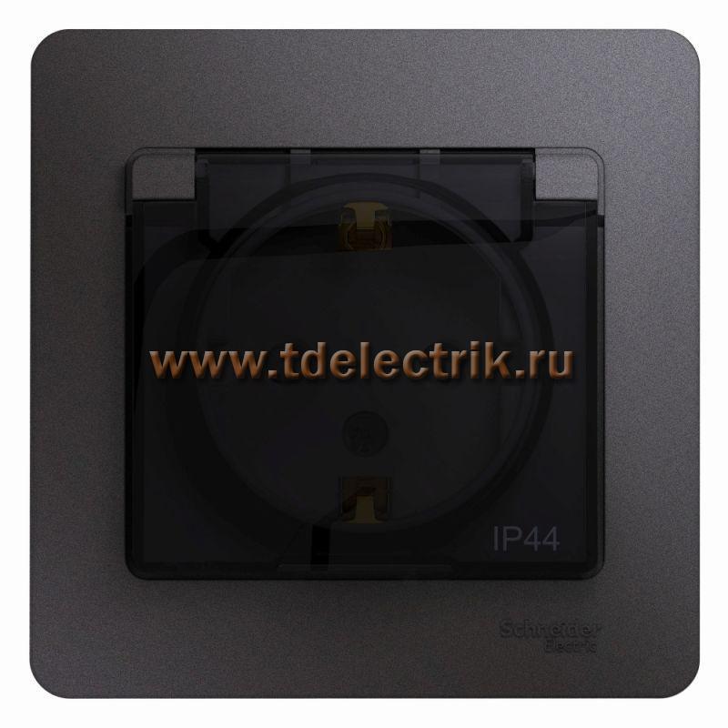Фотография №1, GLOSSA РОЗЕТКА с зазем. со шторками с крышкойIP4416А 250В в сбореГРАФИТ