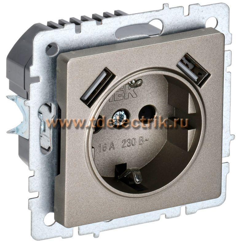 Фотография №1, BRITE Розетка с з/к/ш 16А с USB A+A 3,1А РЮш10-2-БрШ шамп. IEK