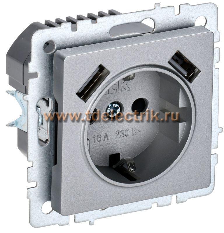 Фотография №1, BRITE Розетка с з/к/ш 16А с USB A+A 3,1А РЮш10-2-БрА алюм. IEK