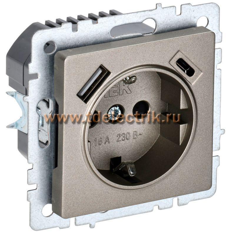 Фотография №1, BRITE Розетка с з/к/ш 16А с USB A+C 18Вт РЮш11-1-БрШ шамп. IEK